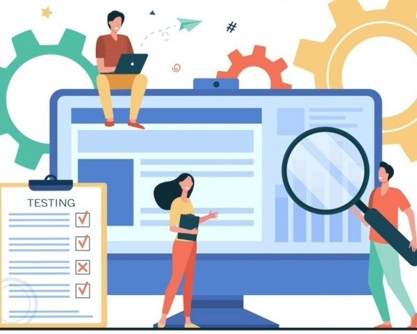 A cartoon picture of digital marketers working.