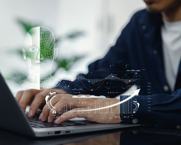 A man working hard with ai in digital marketing to make profit.