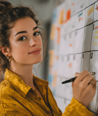 A woman using a media strategy to drive business visibility.